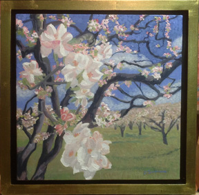 Linda Sorensen Apple Blossoms Near and Far with gold faced floater frame