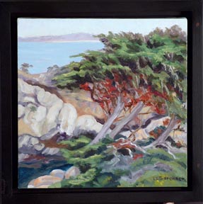 Linda Sorensen Red Lichen and Cypress with black floater frame