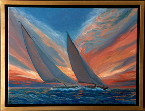 Linda Sorensen Sunset and Sails with gold faced floater frame